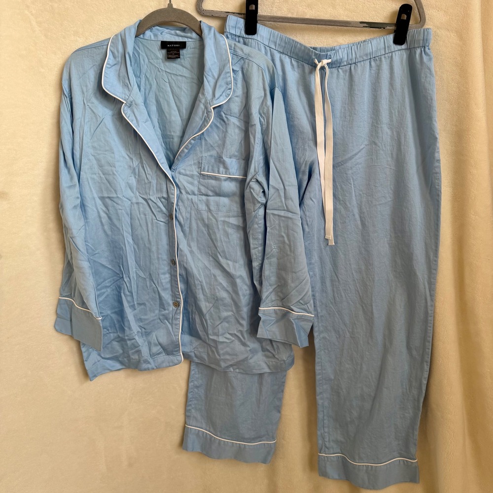 Natori Womens Light Blue Cotton Piped Notch Collar 2pc Pajama Set Sz Medium